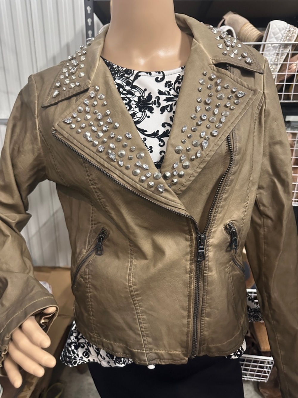 Sam Edelman Taupe Studded faux Leather Moto Jacket